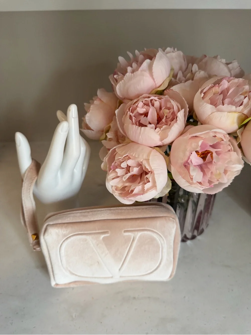 Made for Valentino GWP Pink Velvet Logo Cosmetic Pouch stud wristlet